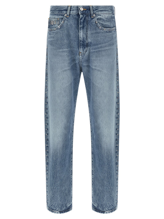 Jeans by Versace for men in denim cotton blue presents a tailored silhouette, showcasing a tailored straight-leg and long cut with a refined for a truly tailored aesthetic.