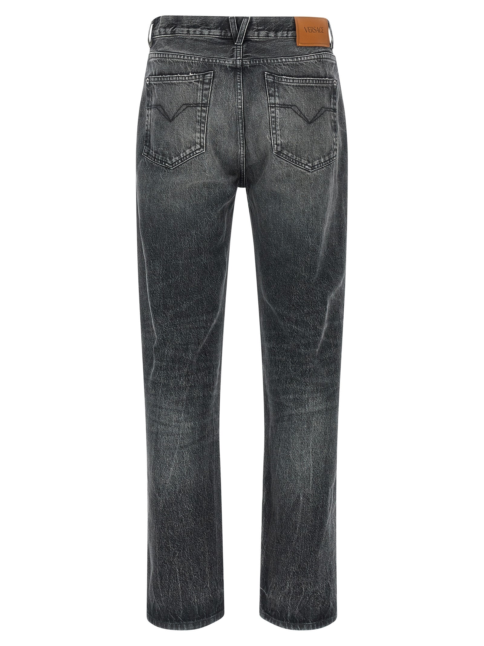Jeans by Versace for men in cotton denim gray & signature features a refined silhouette with a refined straight-leg & wide, defined by a and a refined long for a refined finish.