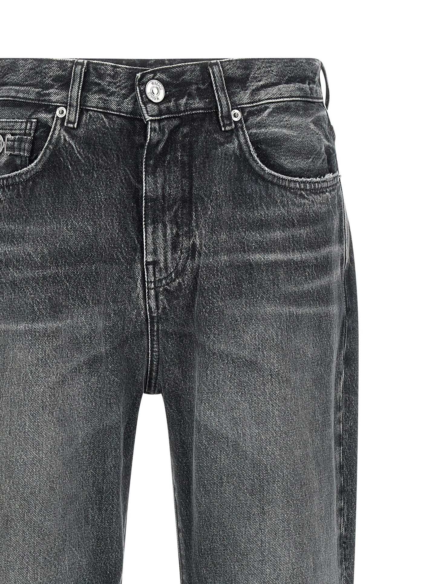 Jeans by Versace for men in cotton denim gray & signature features an refined tailoring silhouette, showcasing a premium straight-leg & wide with a and long cut for a refined tailoring look.