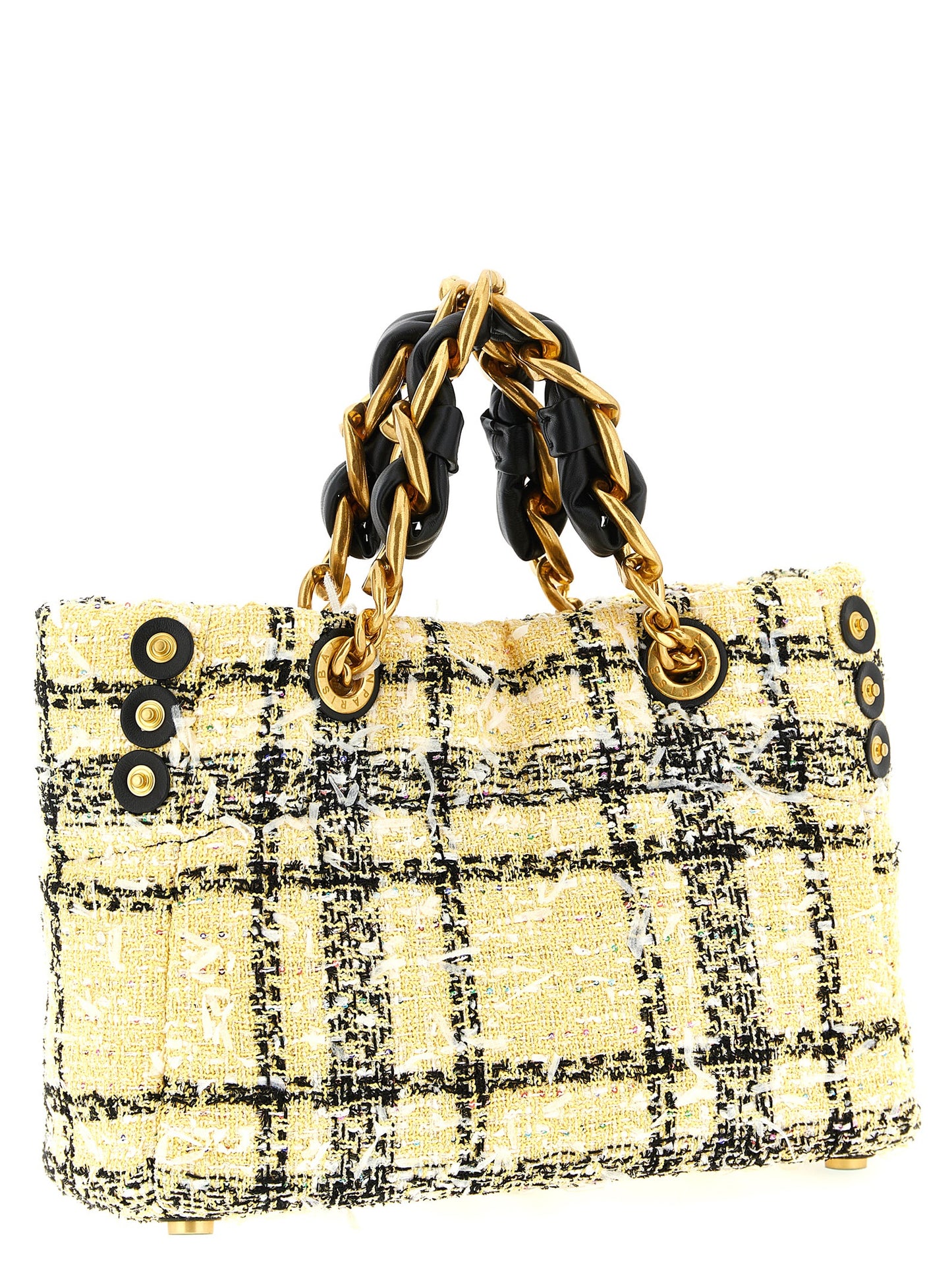 Small Shopper Tote Bag by Balmain for women in poly suede leather & cotton multicolor features a jet-set Cabas Poly Suede Leather & Cotton Small Shopper Tote Bag design, complete with a secure magnetic, ample , and versatile handle for a jet-set look.