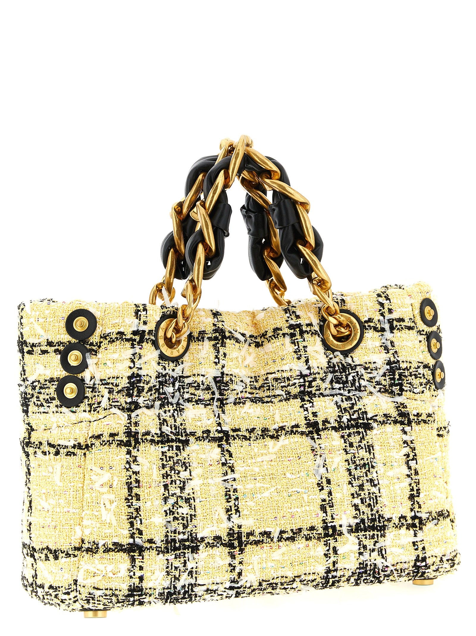 Small Shopper Tote Bag by Balmain for women in poly suede leather & cotton multicolor features a jet-set Cabas Poly Suede Leather & Cotton Small Shopper Tote Bag design, complete with a secure magnetic, ample , and versatile handle for a jet-set look.