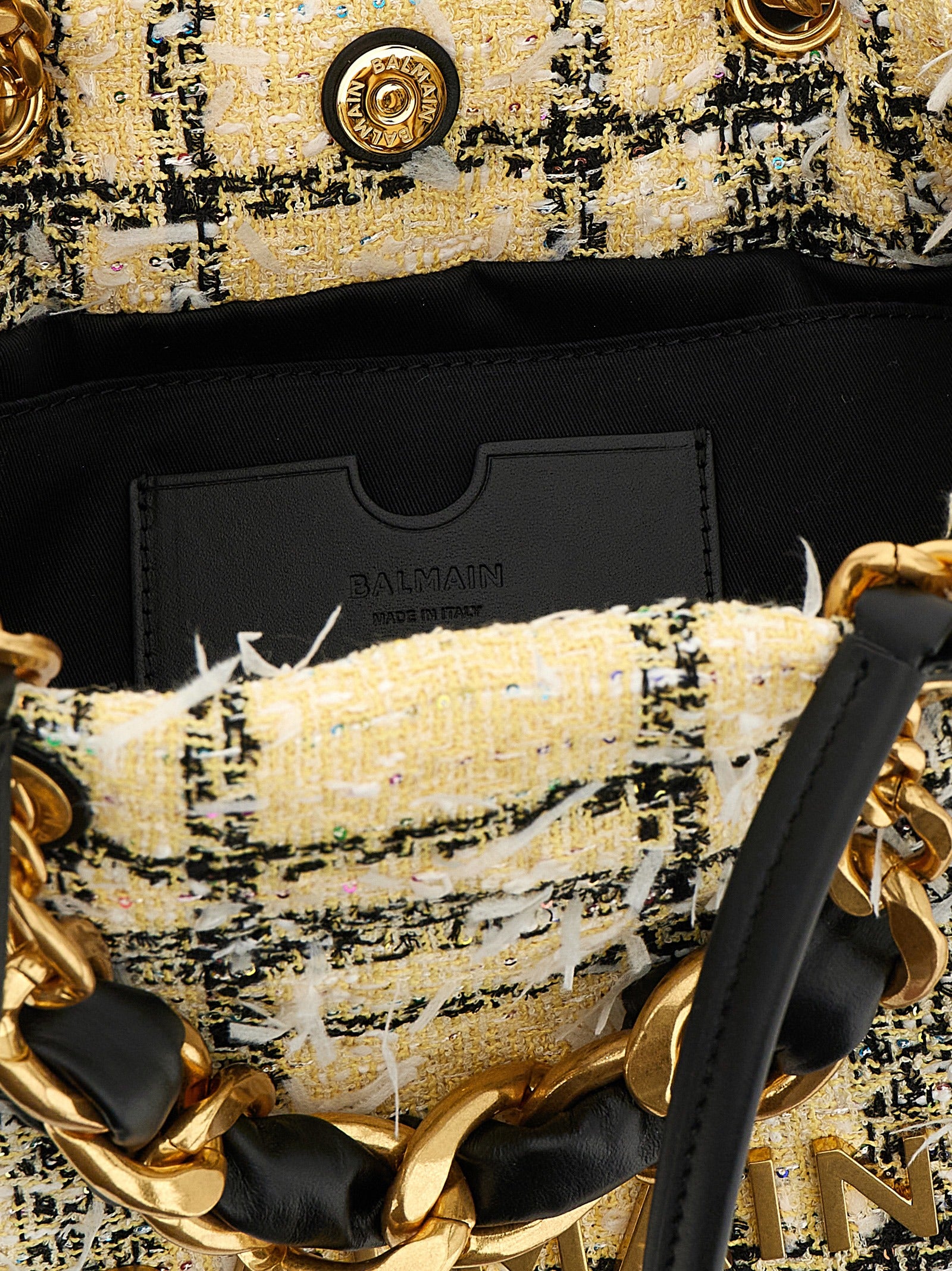 Small Shopper Tote Bag by Balmain for women in poly suede leather & cotton multicolor features an jet-set-ready silhouette, showcasing the Cabas Poly Suede Leather & Cotton Small Shopper Tote Bag design with a secure magnetic, ample , and versatile handle.
