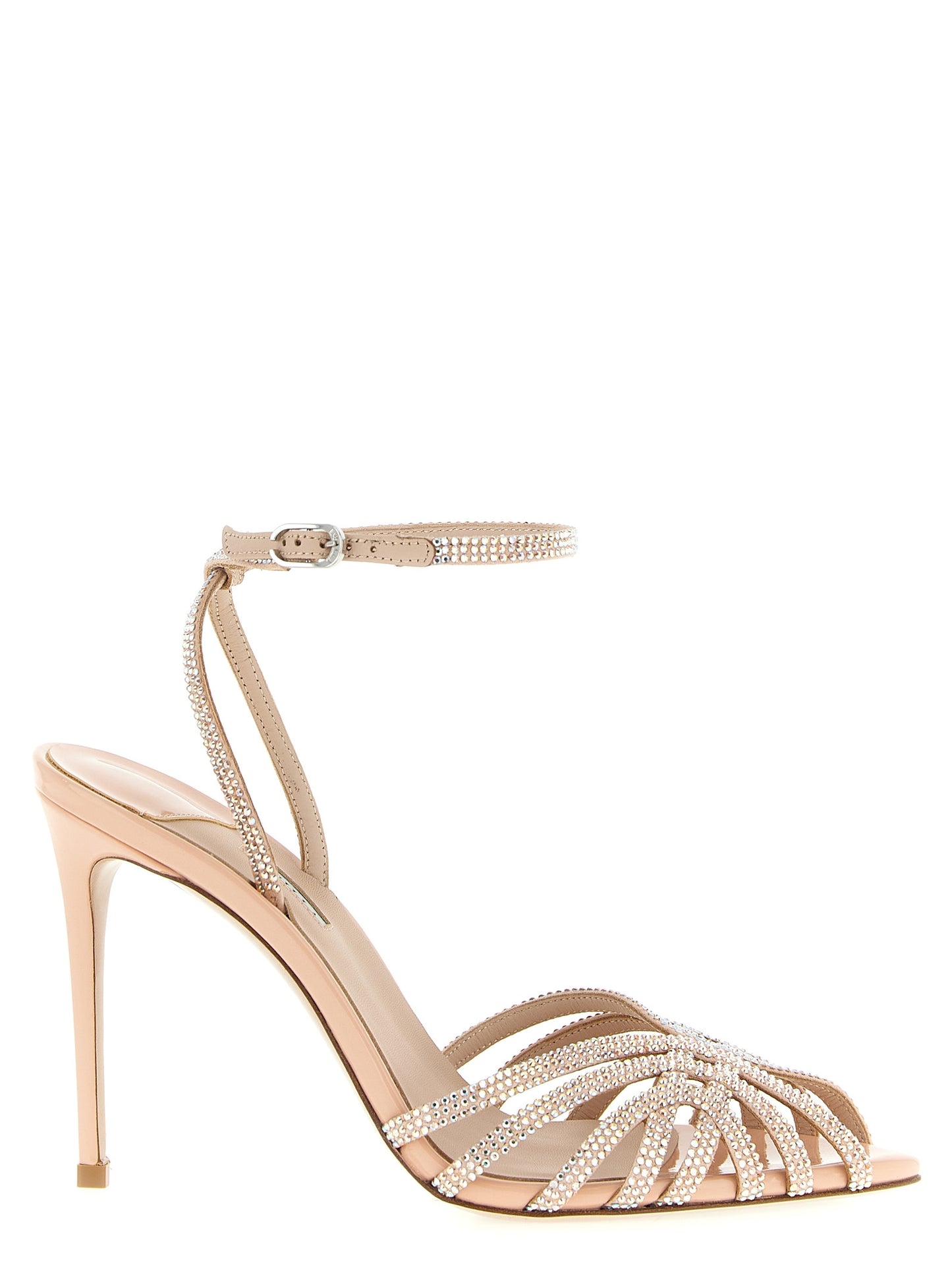 Stiletto Ankle Strap Sandals by LE SILLA for women in goatskin leather & rhinestone multicolor & pink features an statuesque Women's Goatskin Leather & Rhinestone Stiletto Ankle Strap Sandals silhouette with a refined stiletto and elegant open toe style.