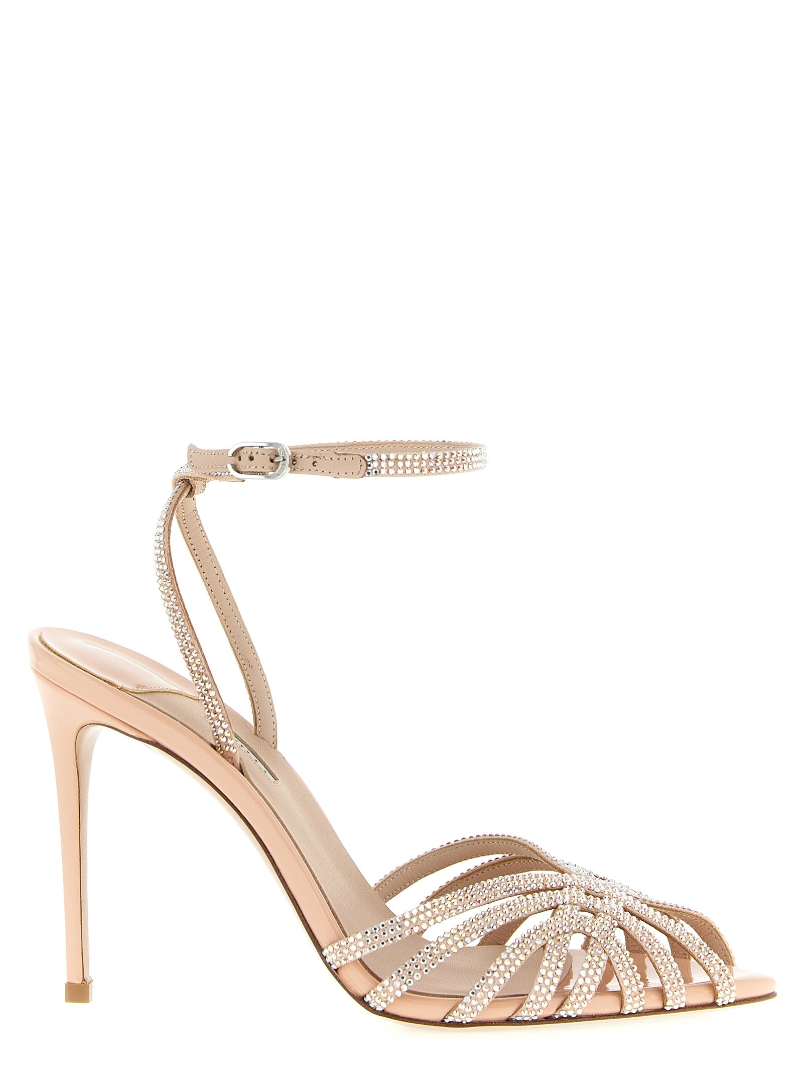 Stiletto Ankle Strap Sandals by LE SILLA for women in goatskin leather & rhinestone multicolor & pink features an statuesque Women's Goatskin Leather & Rhinestone Stiletto Ankle Strap Sandals silhouette with a refined stiletto and elegant open toe style.