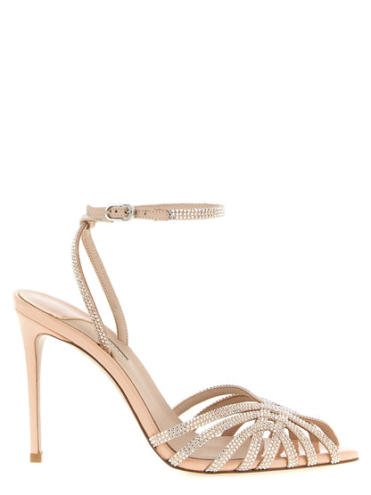 Stiletto Ankle Strap Sandals by LE SILLA for women in goatskin leather & rhinestone multicolor & pink features an statuesque Women's Goatskin Leather & Rhinestone Stiletto Ankle Strap Sandals silhouette with a refined stiletto and elegant open toe style.