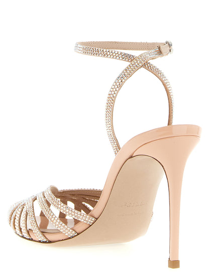 Stiletto Ankle Strap Sandals by LE SILLA for women in goatskin leather & rhinestone multicolor & pink features an statuesque Women's Goatskin Leather & Rhinestone Stiletto Ankle Strap Sandals silhouette with a refined stiletto and elegant open toe style.