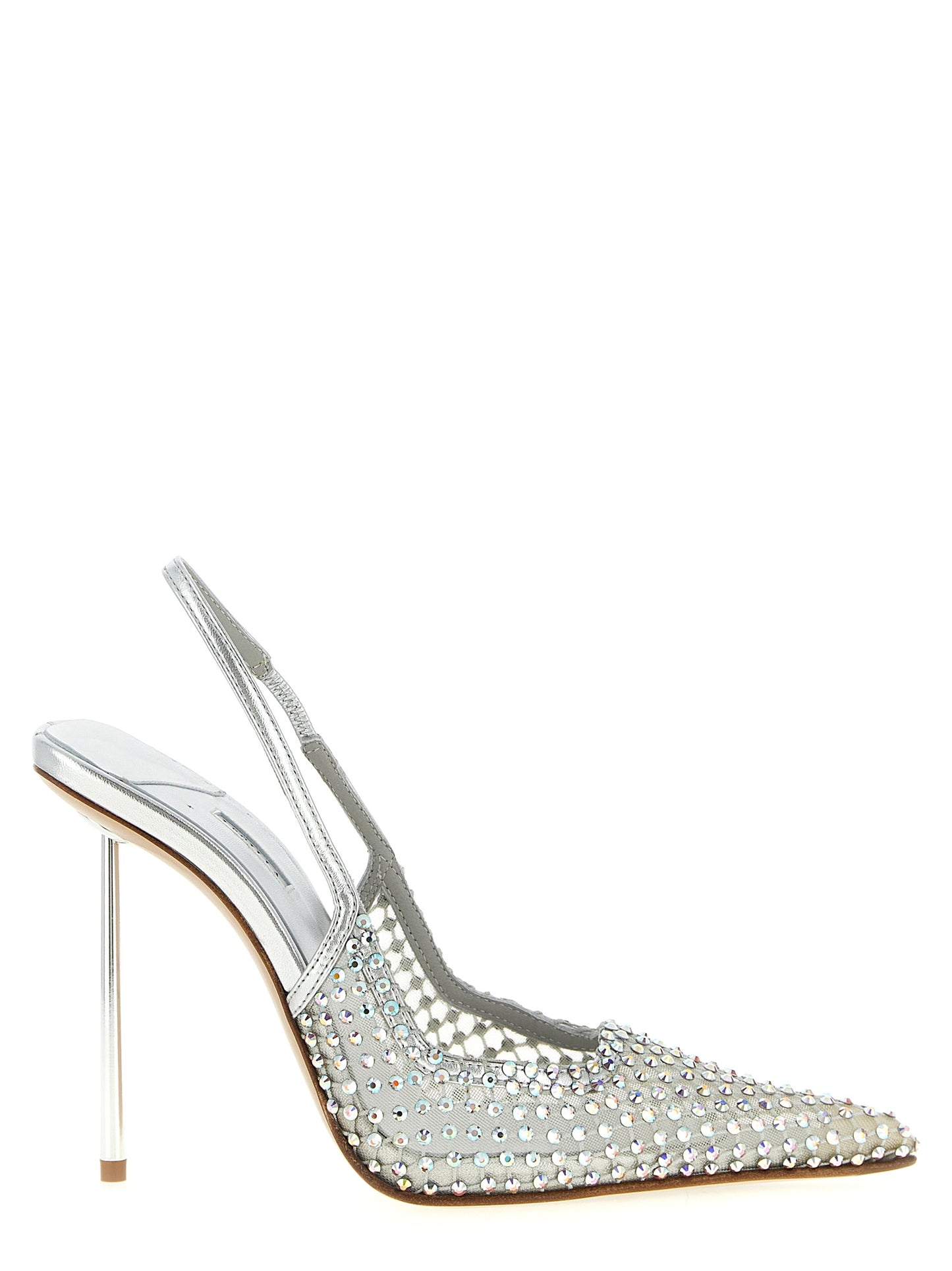 High-Heel Stiletto Slingback Pumps Heels by LE SILLA for women in polyamide polyester leather & rhinestone and silver showcases a effortlessly elegant silhouette as Women's Polyamide Polyester Leather & Rhinestone High-Heel Stiletto Slingback Pumps Heels, featuring a effortlessly elegant stiletto high-heel and a effortlessly elegant pointed toe style for an elegant look.