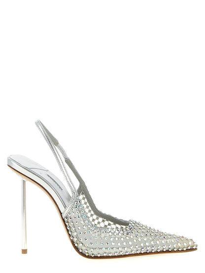 High-Heel Stiletto Slingback Pumps Heels by LE SILLA for women in polyamide polyester leather & rhinestone and silver showcases a effortlessly elegant silhouette as Women's Polyamide Polyester Leather & Rhinestone High-Heel Stiletto Slingback Pumps Heels, featuring a effortlessly elegant stiletto high-heel and a effortlessly elegant pointed toe style for an elegant look.