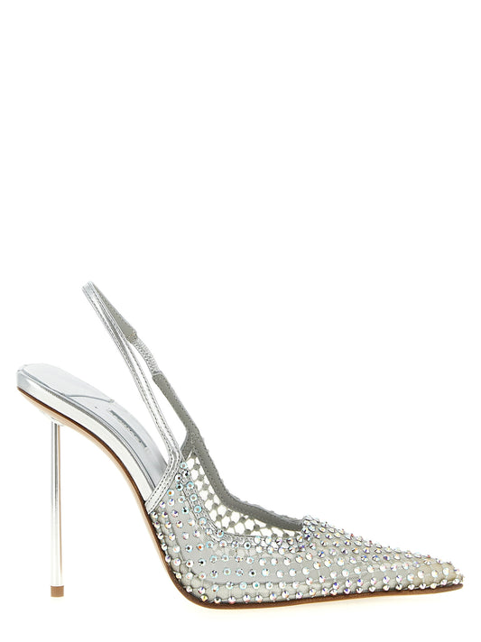 High-Heel Stiletto Slingback Pumps Heels by LE SILLA for women in polyamide polyester leather & rhinestone and silver showcases a effortlessly elegant silhouette as Women's Polyamide Polyester Leather & Rhinestone High-Heel Stiletto Slingback Pumps Heels, featuring a effortlessly elegant stiletto high-heel and a effortlessly elegant pointed toe style for an elegant look.