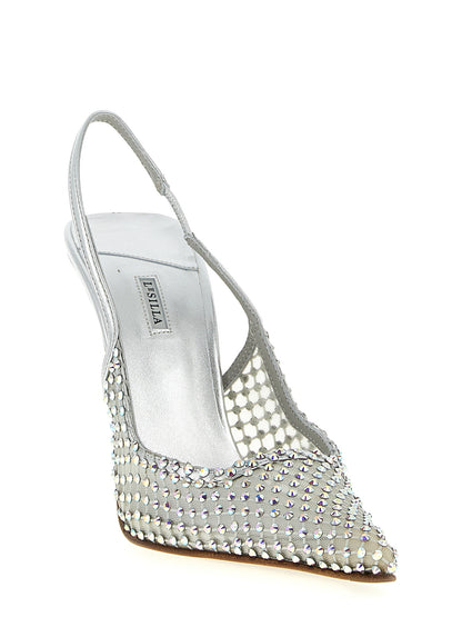 High-Heel Stiletto Slingback Pumps Heels by LE SILLA for women in polyamide polyester leather & rhinestone silver showcases a exquisite silhouette, perfectly accentuating Women's Polyamide Polyester Leather & Rhinestone High-Heel Stiletto Slingback Pumps Heels with a exquisite stiletto high-heel and exquisite pointed toe style.