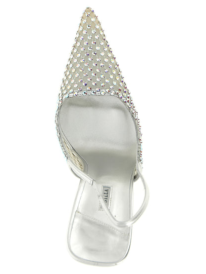 High-Heel Stiletto Slingback Pumps Heels by LE SILLA for women in polyamide polyester leather & rhinestone silver features an effortlessly chic silhouette from the Women's Polyamide Polyester Leather & Rhinestone High-Heel Stiletto Slingback Pumps Heels collection, showcasing a stiletto high-heel and effortlessly chic pointed toe style for a effortlessly chic look.