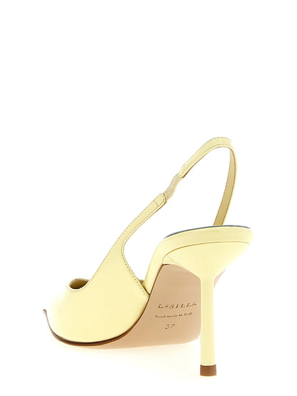 High-Heel Stiletto Slingback Pumps Heels by LE SILLA for women in calfskin leather bicolour & yellow features an captivating silhouette, showcasing the elegant Women's Calfskin Leather High-Heel Stiletto Slingback Pumps Heels design with a stiletto high-heel and a sophisticated pointed toe style.