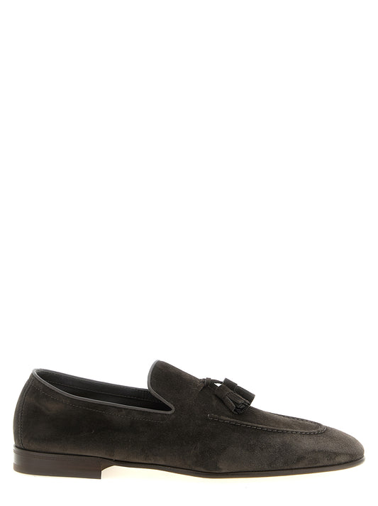 Loafer Slip-On Shoes by Brunello Cucinelli for men in tu & calfskin leather gray features an ergonomic silhouette, perfectly showcasing Men's TU & Calfskin Leather Loafer Slip-On Shoes with its distinct and elegant almond toe style.