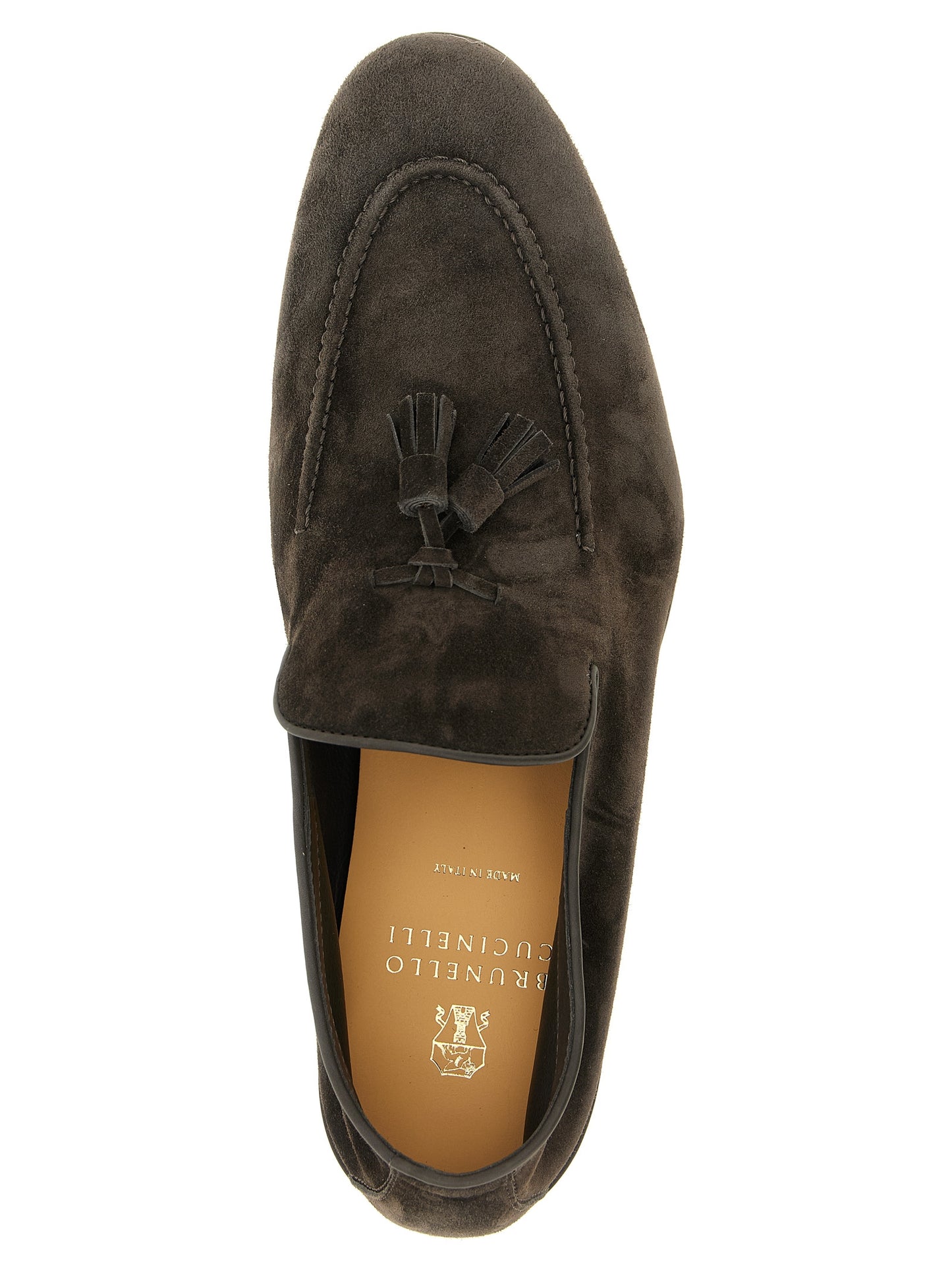 Loafer Slip-On Shoes by Brunello Cucinelli for men in tu & calfskin leather gray showcases a timeless silhouette from the Men's TU & Calfskin Leather Loafer Slip-On Shoes collection, featuring a timeless and almond toe style for a timeless finish.