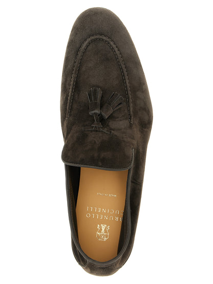 Loafer Slip-On Shoes by Brunello Cucinelli for men in tu & calfskin leather gray showcases a timeless silhouette from the Men's TU & Calfskin Leather Loafer Slip-On Shoes collection, featuring a timeless and almond toe style for a timeless finish.