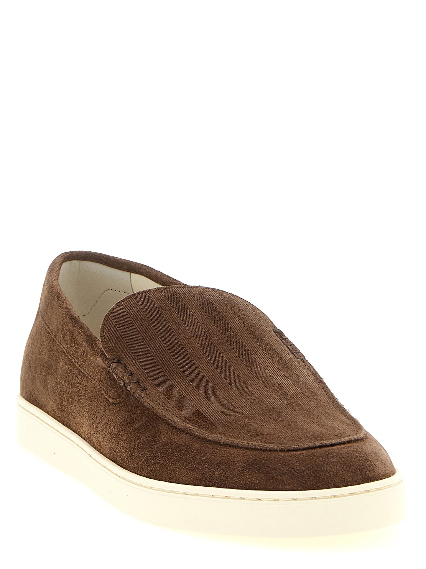 Moccasin Moccasins Loafer Slip-On Shoes by Brunello Cucinelli for men in suede calfskin leather brown & chevron showcases a resplendent Men's Suede Calfskin Leather Moccasin Moccasins Loafer Slip-On Shoes aesthetic, defined by its resplendent and elegant .