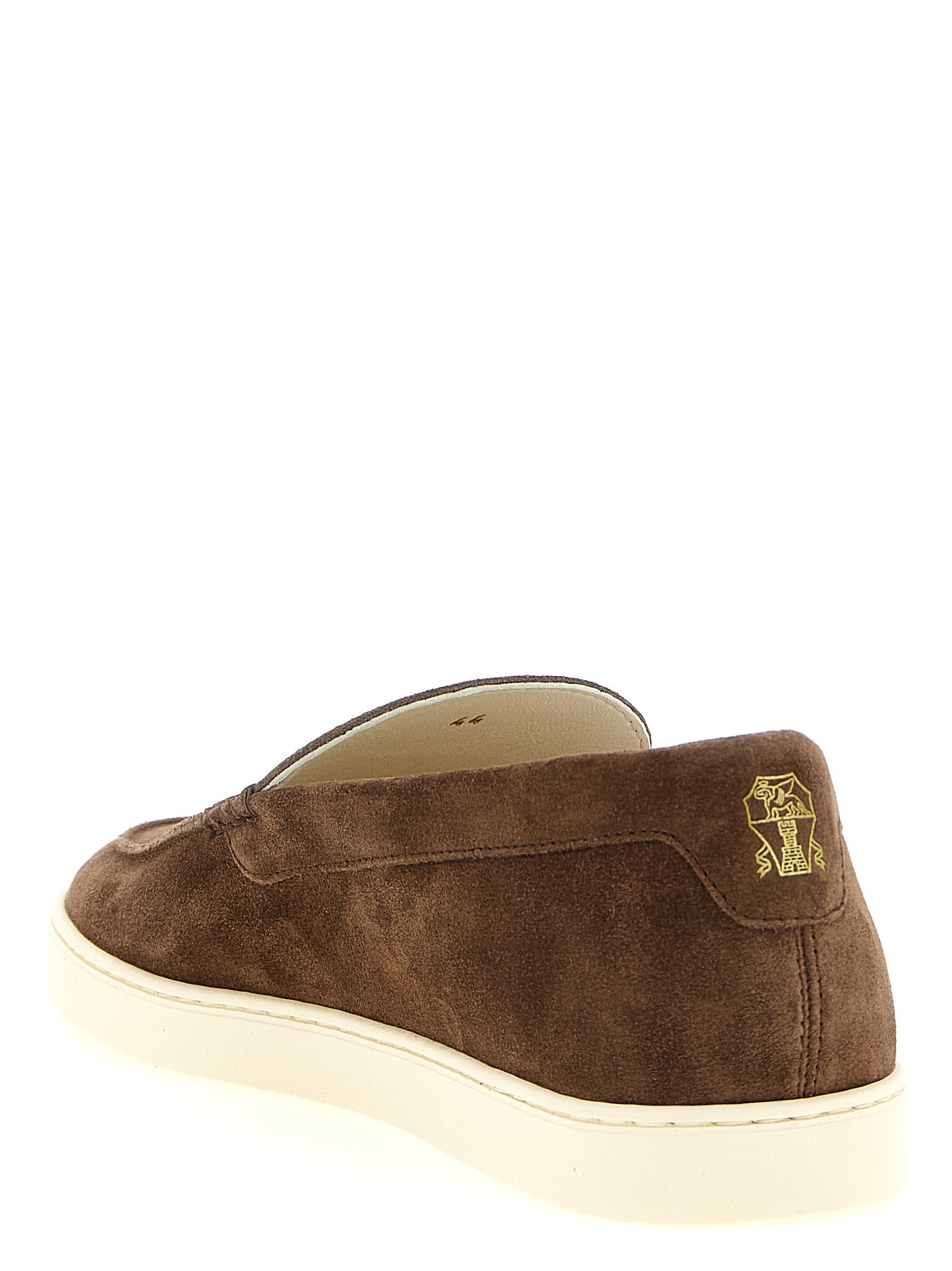 Moccasin Moccasins Loafer Slip-On Shoes by Brunello Cucinelli for men in suede calfskin leather brown & chevron features an ergonomic silhouette, perfectly showcasing Men's Suede Calfskin Leather Moccasin Moccasins Loafer Slip-On Shoes with its distinct and elegant .