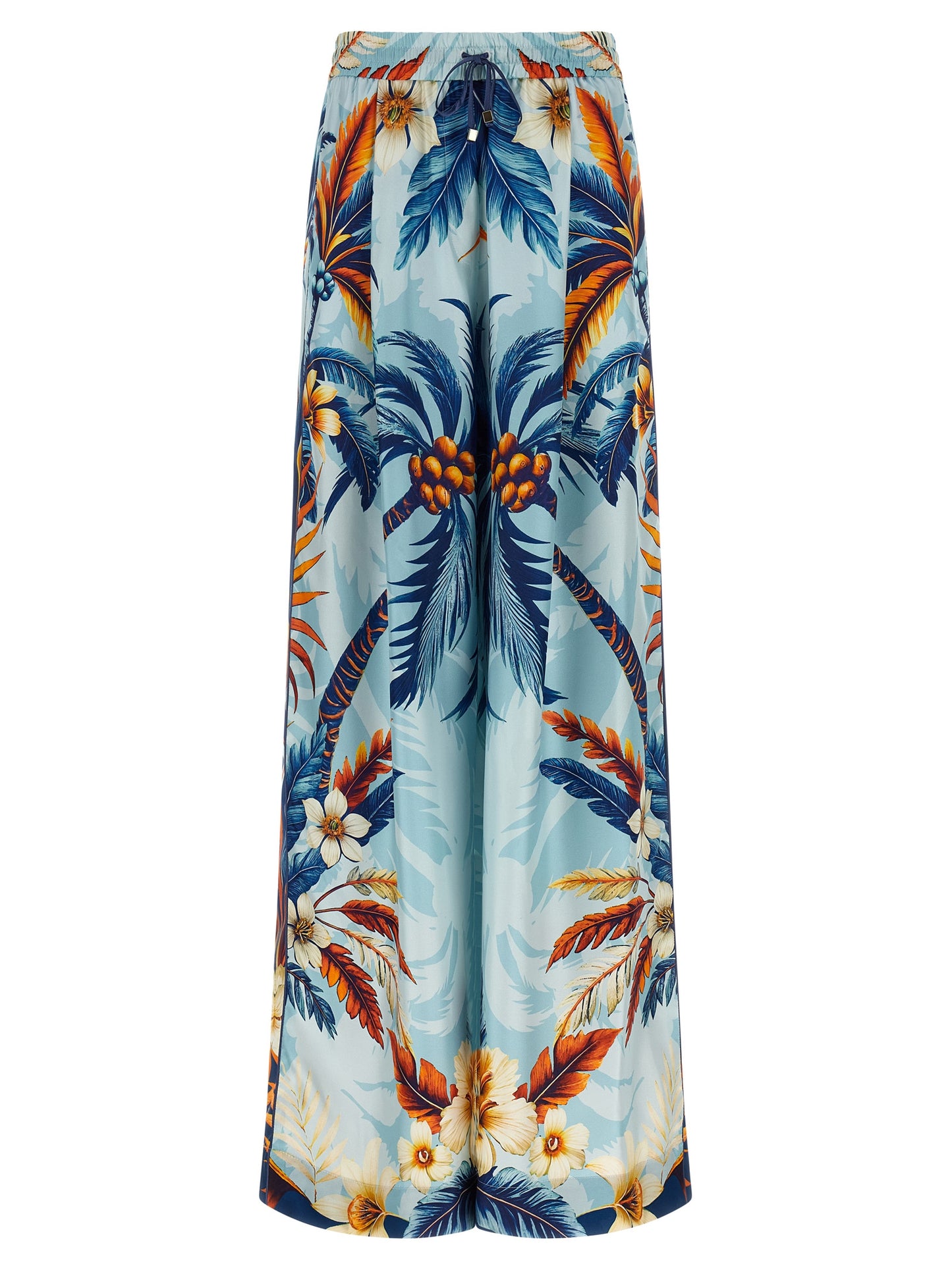 Casual Pants by F.R.S. - FOR RESTLESS SLEEPERS for women in silk satin twill light-blue & print features an refined tailoring silhouette, showcasing a premium straight-leg & wide with a and long cut for a refined tailoring look.