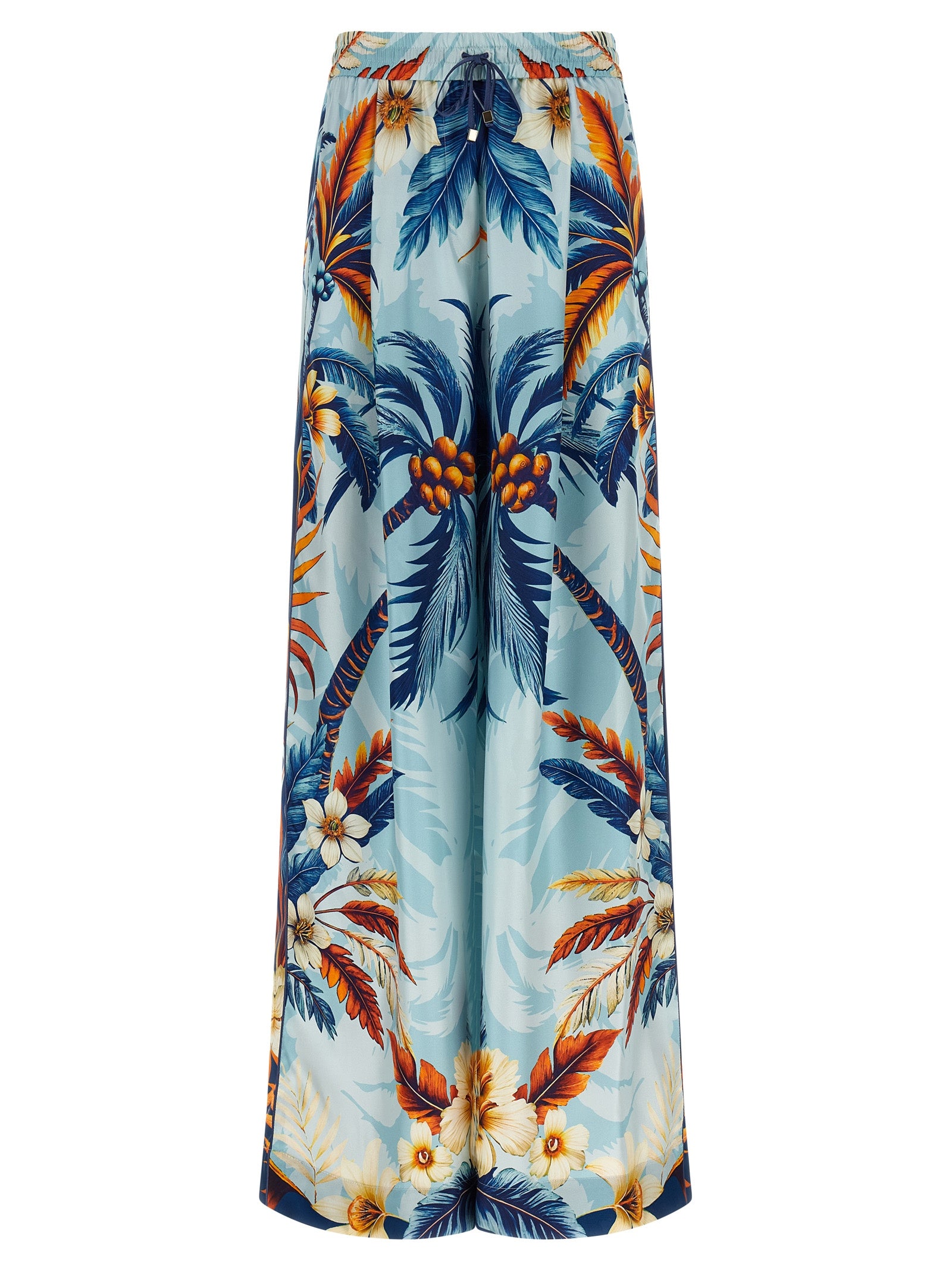 Casual Pants by F.R.S. - FOR RESTLESS SLEEPERS for women in silk satin twill light-blue & print features an refined tailoring silhouette, showcasing a premium straight-leg & wide with a and long cut for a refined tailoring look.