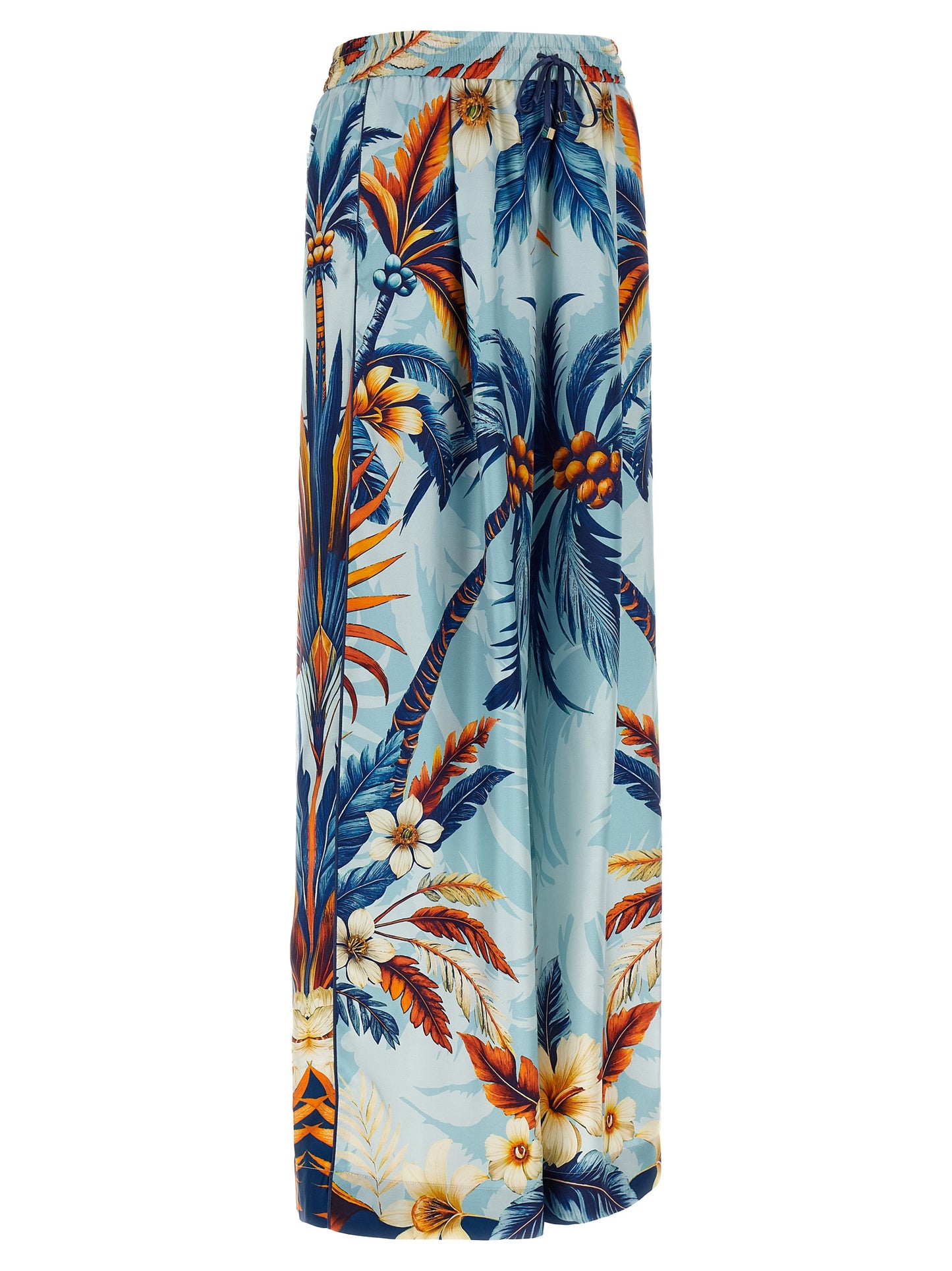 Casual Pants by F.R.S. - FOR RESTLESS SLEEPERS for women in silk satin twill light-blue & print features a polished silhouette with a polished straight-leg & wide, reaching a polished long and finished with a polished .