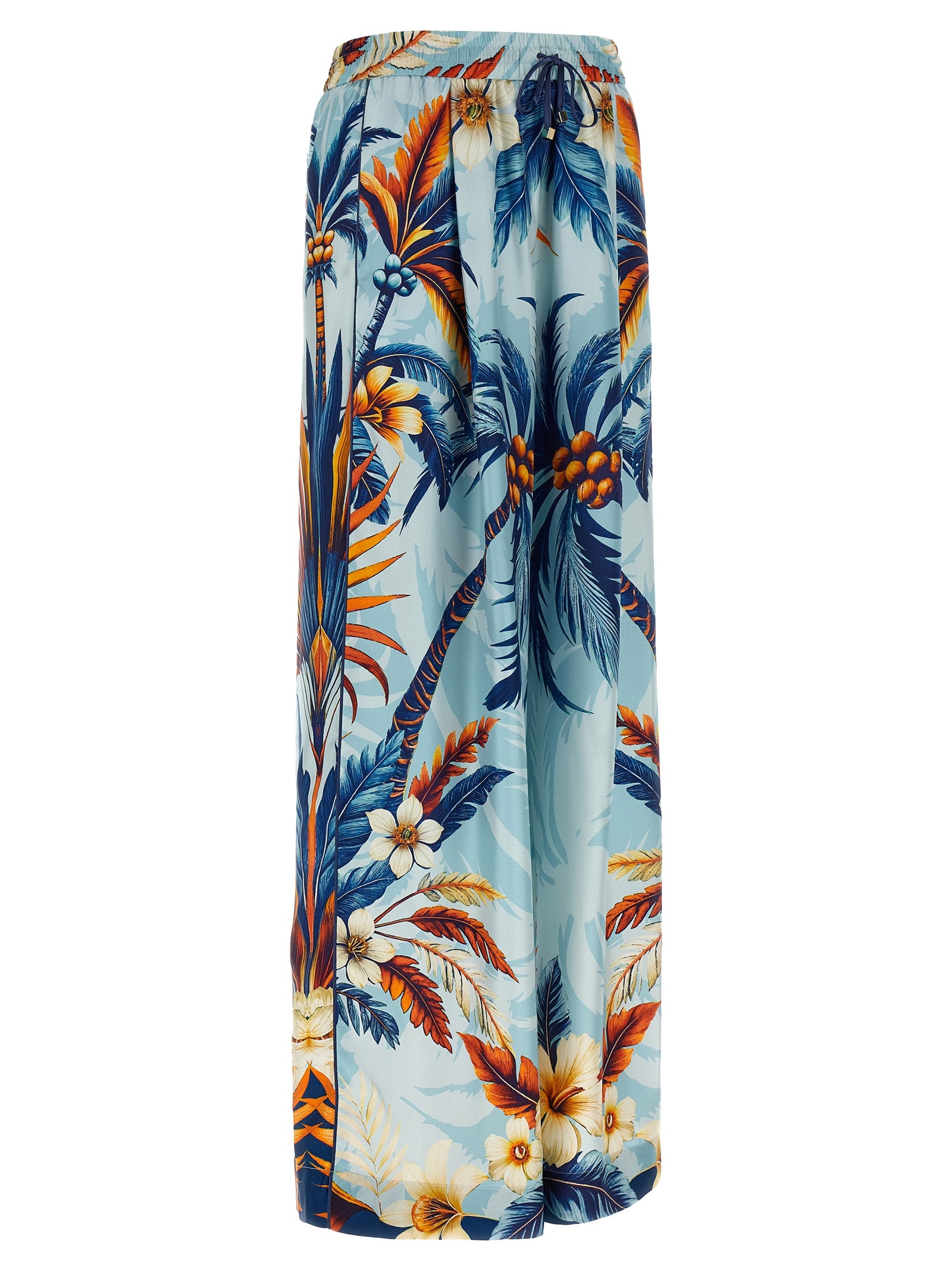 Casual Pants by F.R.S. - FOR RESTLESS SLEEPERS for women in silk satin twill light-blue & print features a polished silhouette with a polished straight-leg & wide, reaching a polished long and finished with a polished .