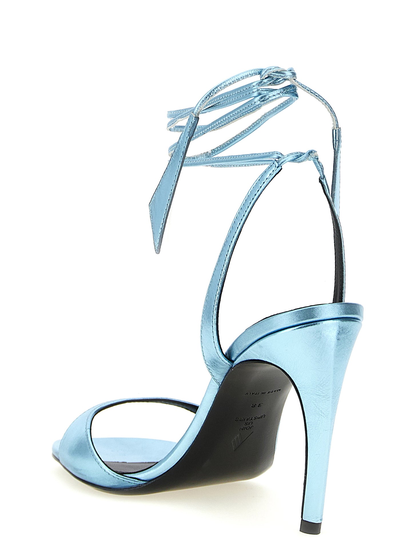 Stiletto Sandals by The Attico for women in calfskin leather light-blue showcases a sculptural silhouette as Aren Women's Calfskin Leather Stiletto Sandals, defined by a sculptural stiletto and sculptural square toe style for a sculptural look.