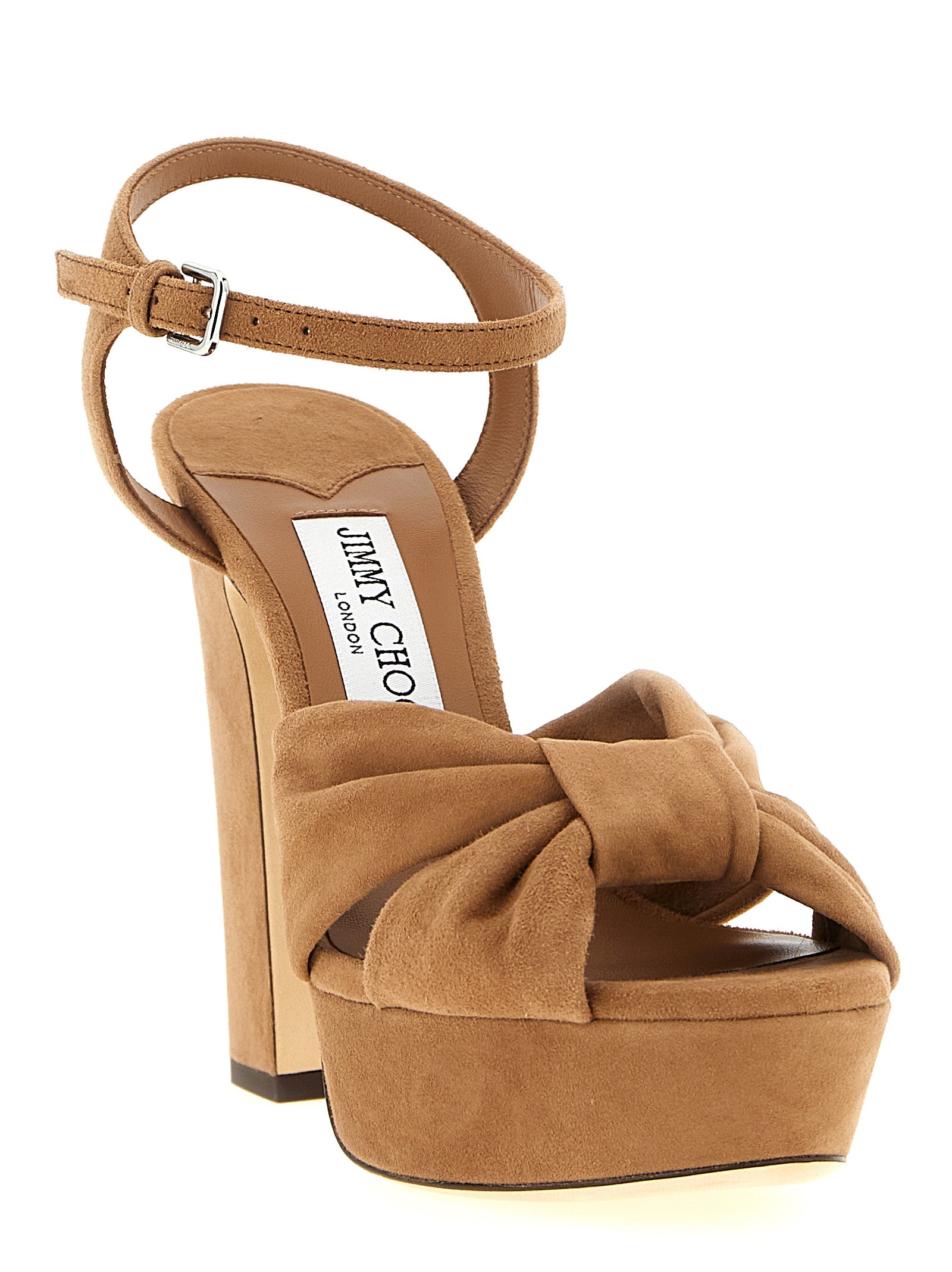 Stiletto Ankle Strap Sandals by Jimmy Choo for women in polyester suede leather & silk brown presents a sculptural silhouette, showcasing the Women's Polyester Suede Leather & Silk Stiletto Ankle Strap Sandals design with a sculptural stiletto and for a premium look.