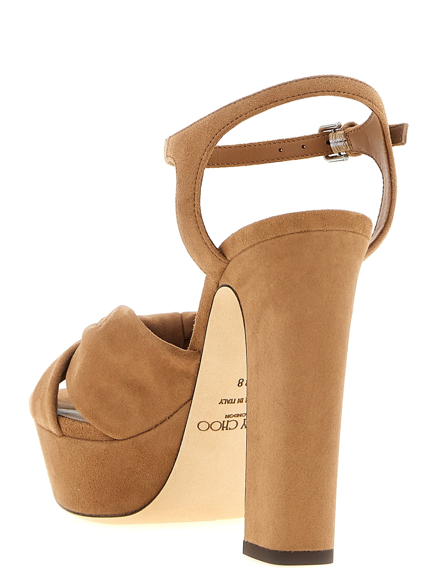 Stiletto Ankle Strap Sandals by Jimmy Choo for women in polyester suede leather & silk and brown presents a captivating silhouette, showcasing the signature style of the Women's Polyester Suede Leather & Silk Stiletto Ankle Strap Sandals with a captivating stiletto and captivating .