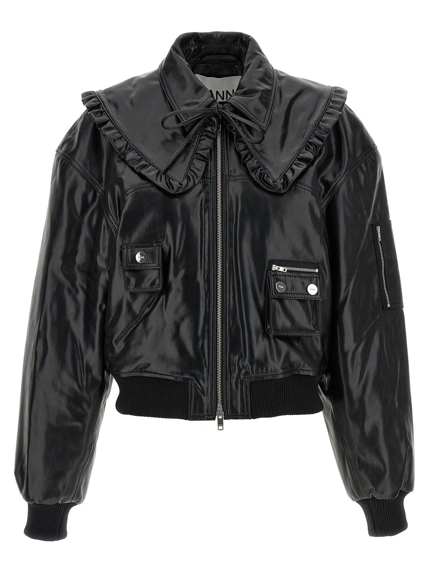 Bomber Jacket by Ganni for women in polyurethane leather & lycra black features a dramatic silhouette, showcasing a sophisticated shirt-collar neckline and distinctive pockets & insulated for a dramatic aesthetic.