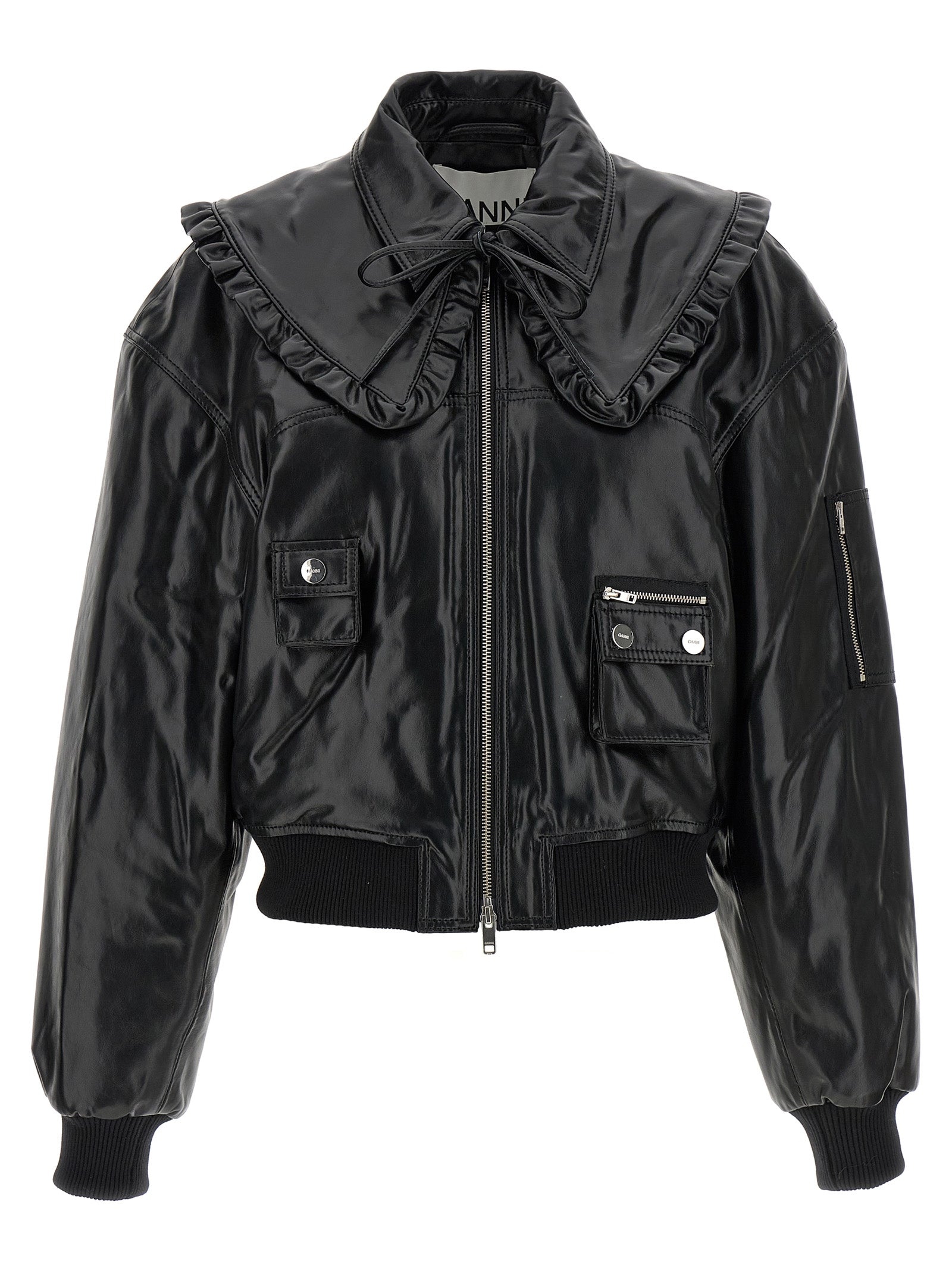 Bomber Jacket by Ganni for women in polyurethane leather & lycra black features a dramatic silhouette, showcasing a sophisticated shirt-collar neckline and distinctive pockets & insulated for a dramatic aesthetic.