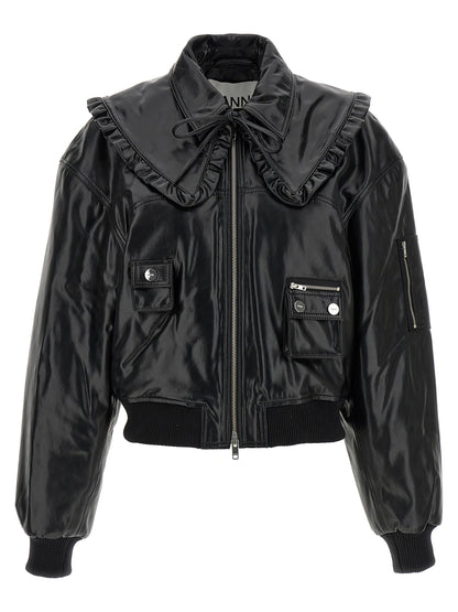 Bomber Jacket by Ganni for women in polyurethane leather & lycra black features a dramatic silhouette, showcasing a sophisticated shirt-collar neckline and distinctive pockets & insulated for a dramatic aesthetic.