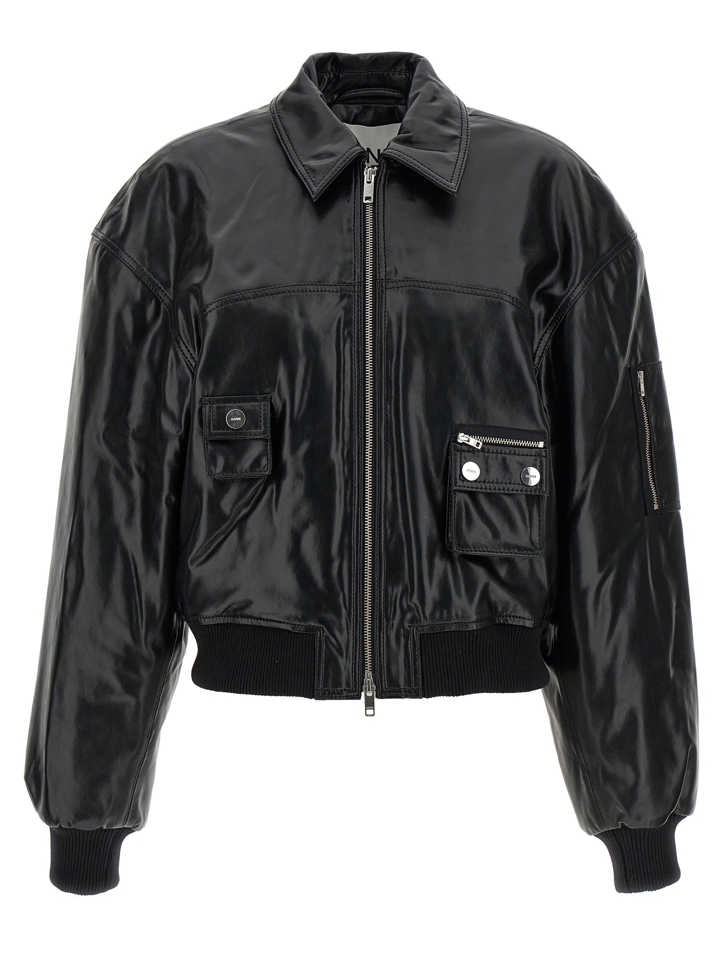 Bomber Jacket by Ganni for women in polyurethane leather & lycra black features an on trend silhouette, showcasing refined pockets & insulated and a sophisticated shirt-collar neckline for a truly on trend finish.