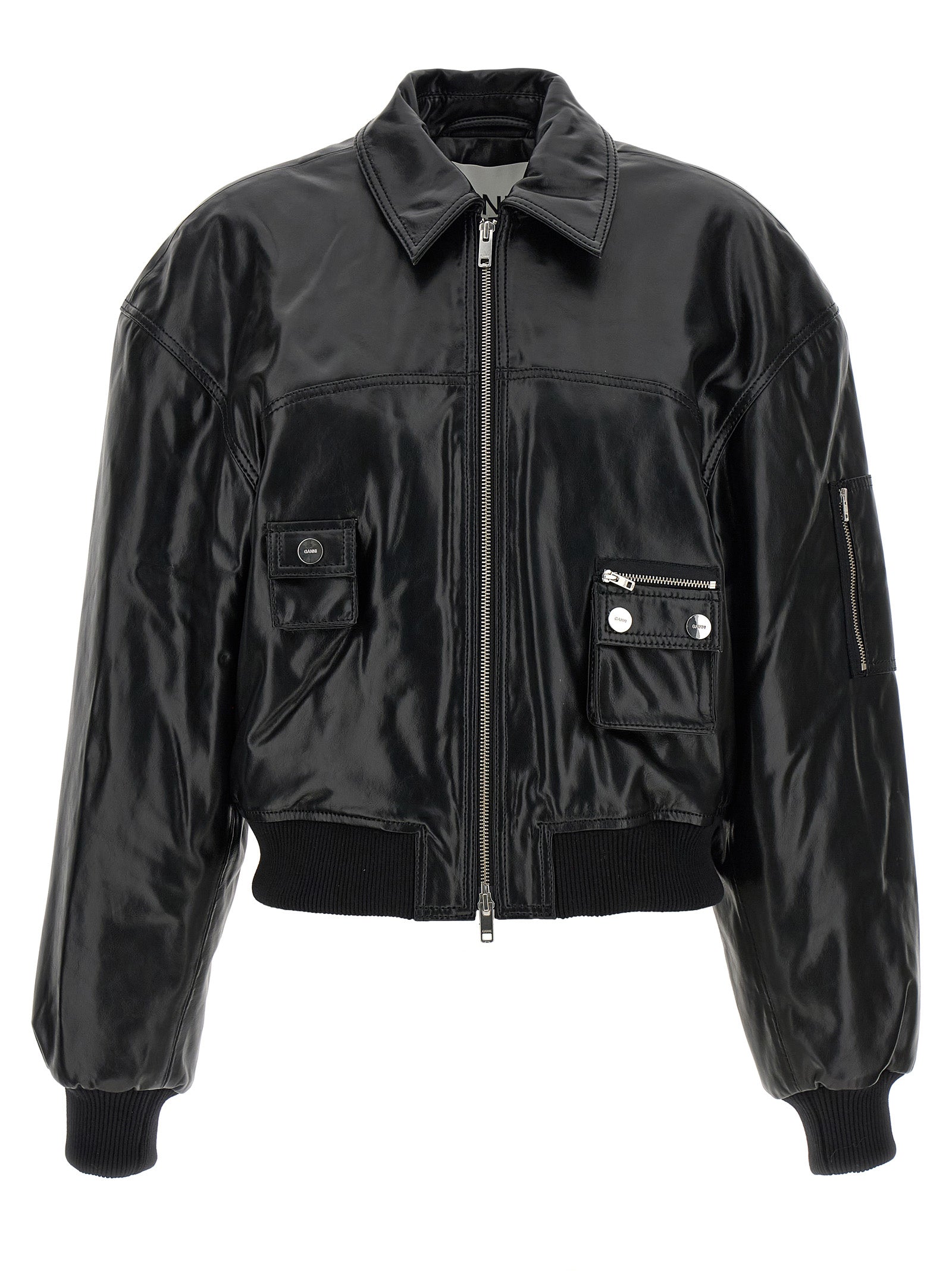 Bomber Jacket by Ganni for women in polyurethane leather & lycra black features an on trend silhouette, showcasing refined pockets & insulated and a sophisticated shirt-collar neckline for a truly on trend finish.
