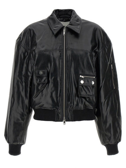 Bomber Jacket by Ganni for women in polyurethane leather & lycra black features an on trend silhouette, showcasing refined pockets & insulated and a sophisticated shirt-collar neckline for a truly on trend finish.