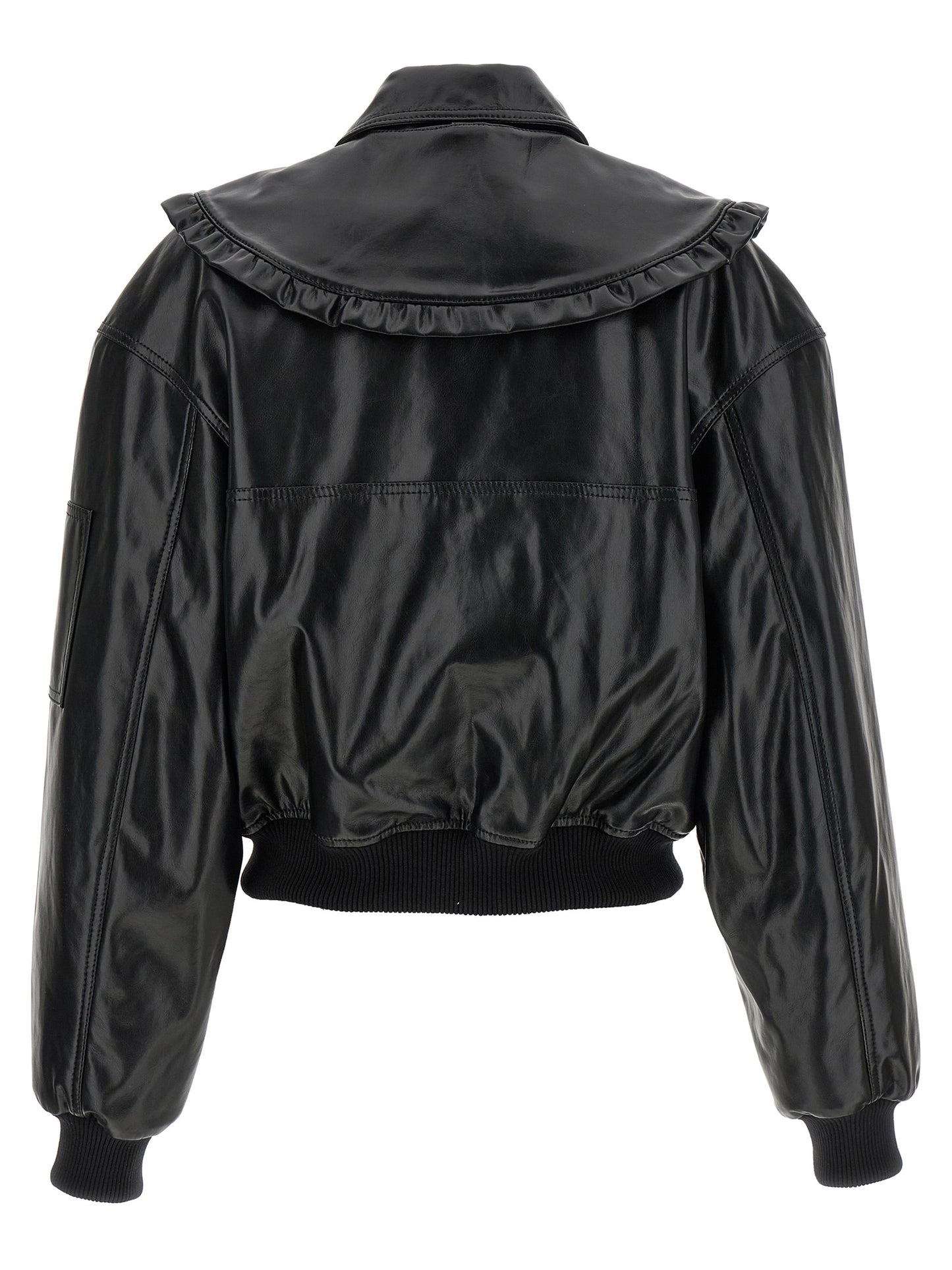 Bomber Jacket by Ganni for women in polyurethane leather & lycra black features a city-ready silhouette, detailed with pockets & insulated and a city-ready shirt-collar neckline.