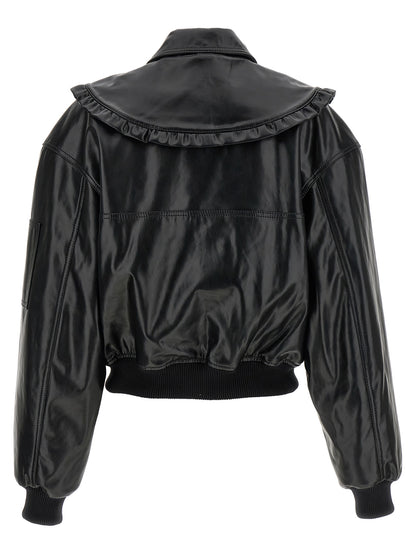 Bomber Jacket by Ganni for women in polyurethane leather & lycra black features a city-ready silhouette, detailed with pockets & insulated and a city-ready shirt-collar neckline.