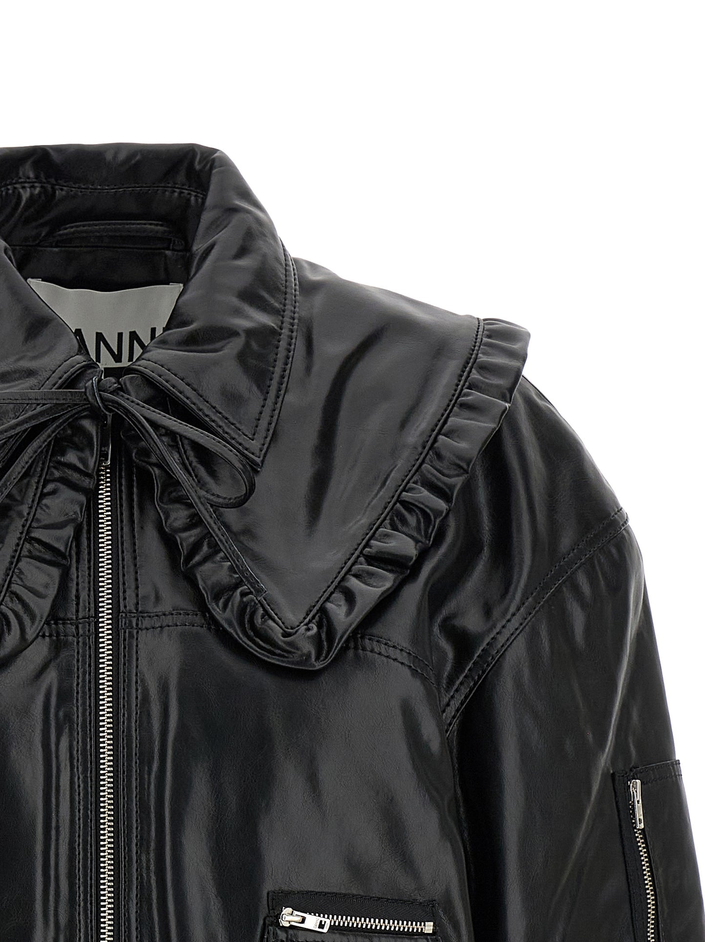 Bomber Jacket by Ganni for women in polyurethane leather & lycra black features an contemporary silhouette, showcasing a sophisticated shirt-collar neckline and contemporary pockets & insulated for a truly refined look.