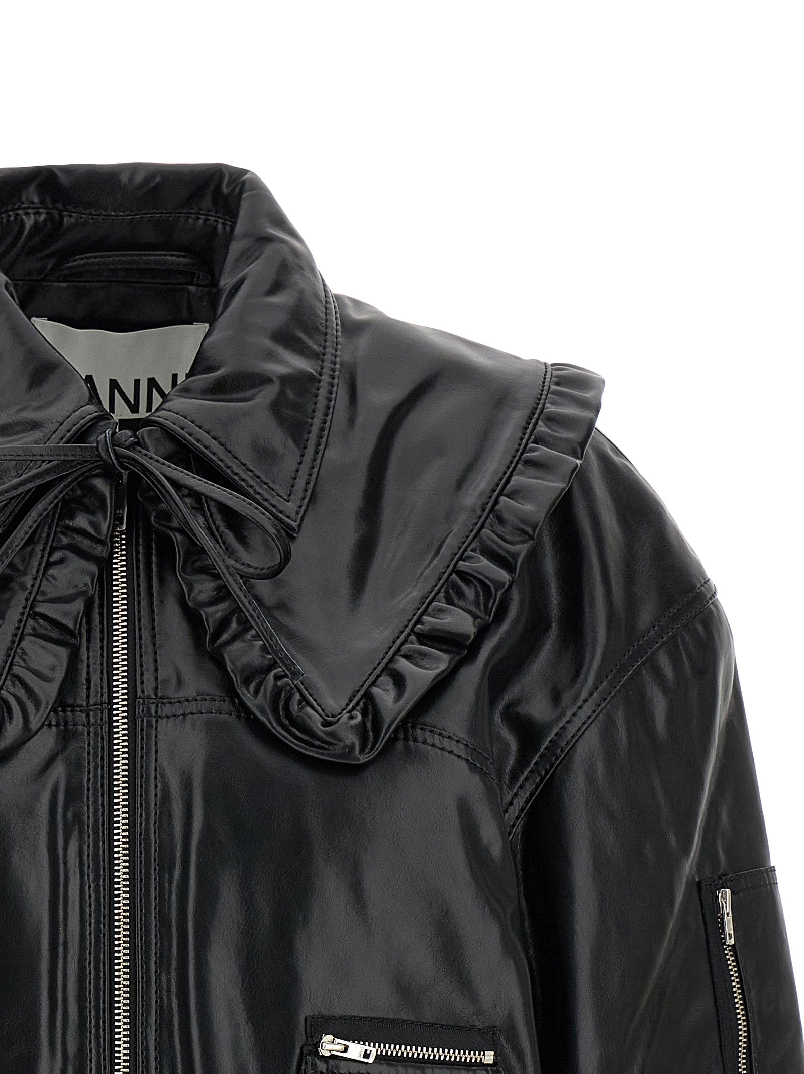 Bomber Jacket by Ganni for women in polyurethane leather & lycra black features an contemporary silhouette, showcasing a sophisticated shirt-collar neckline and contemporary pockets & insulated for a truly refined look.