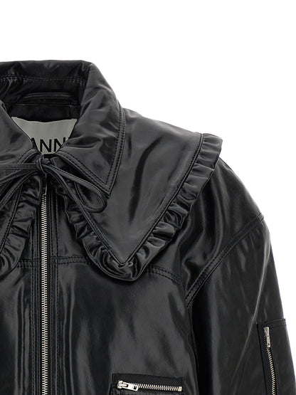 Bomber Jacket by Ganni for women in polyurethane leather & lycra black features an contemporary silhouette, showcasing a sophisticated shirt-collar neckline and contemporary pockets & insulated for a truly refined look.