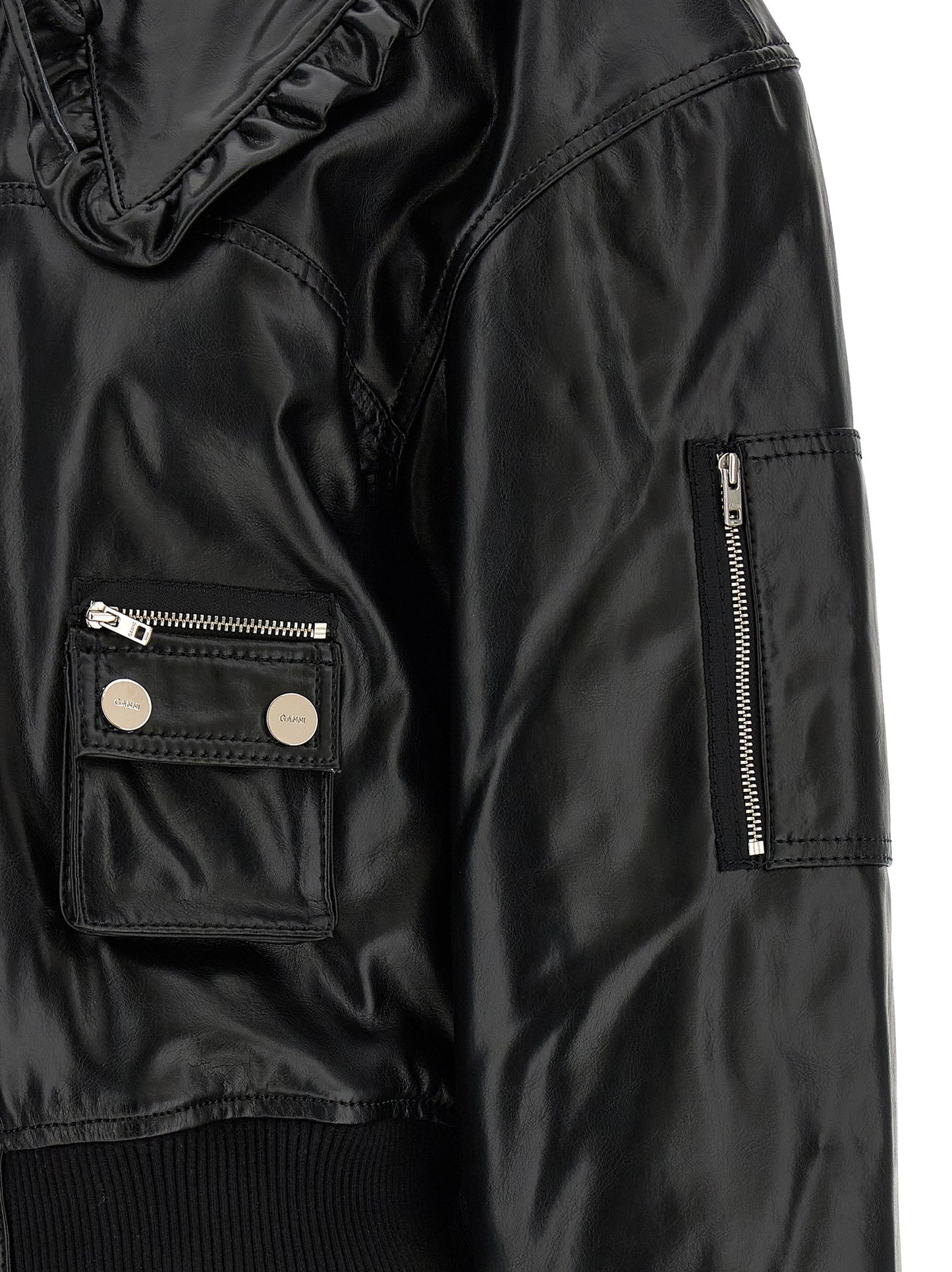 Bomber Jacket by Ganni for women in polyurethane leather & lycra black showcases a bohemian silhouette, artfully detailed with a bohemian and signature pockets & insulated for a truly bohemian finish.