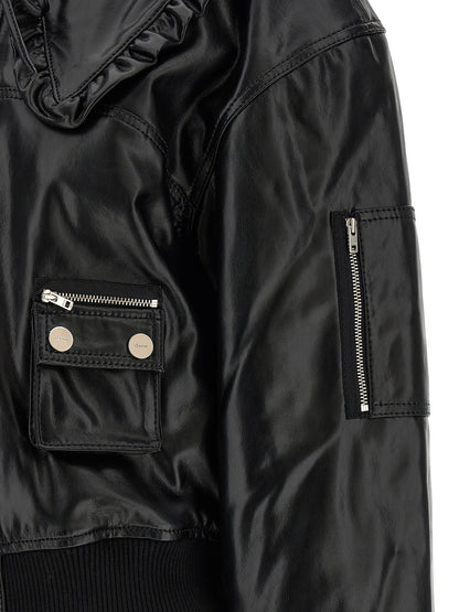Bomber Jacket by Ganni for women in polyurethane leather & lycra black showcases a bohemian silhouette, artfully detailed with a bohemian and signature pockets & insulated for a truly bohemian finish.