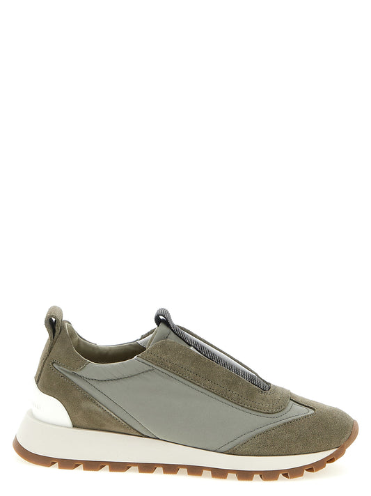 Athletic Sneakers by Brunello Cucinelli for women in tu polyamide polyester suede leather bicolour & green features an exquisite silhouette, showcasing the premium slip-on style of the Monile The Blend Women's Slip On TU Polyamide Polyester Suede Leather Athletic Sneakers with an exquisite finish.