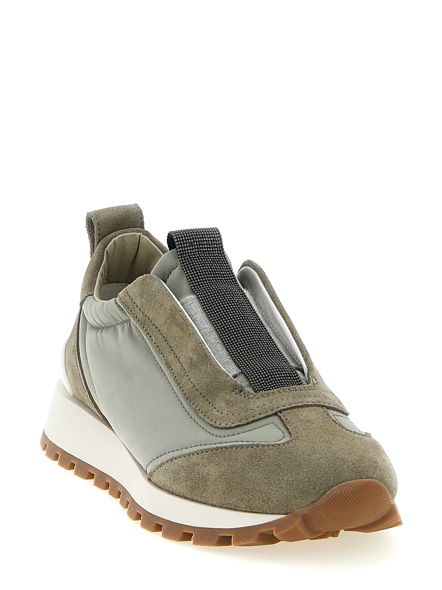 Athletic Sneakers by Brunello Cucinelli for women in tu polyamide polyester suede leather bicolour & green features an effortless chic silhouette, showcasing the signature slip-on style of the Monile The Blend Women's Slip On TU Polyamide Polyester Suede Leather Athletic Sneakers collection with a truly effortless chic finish.