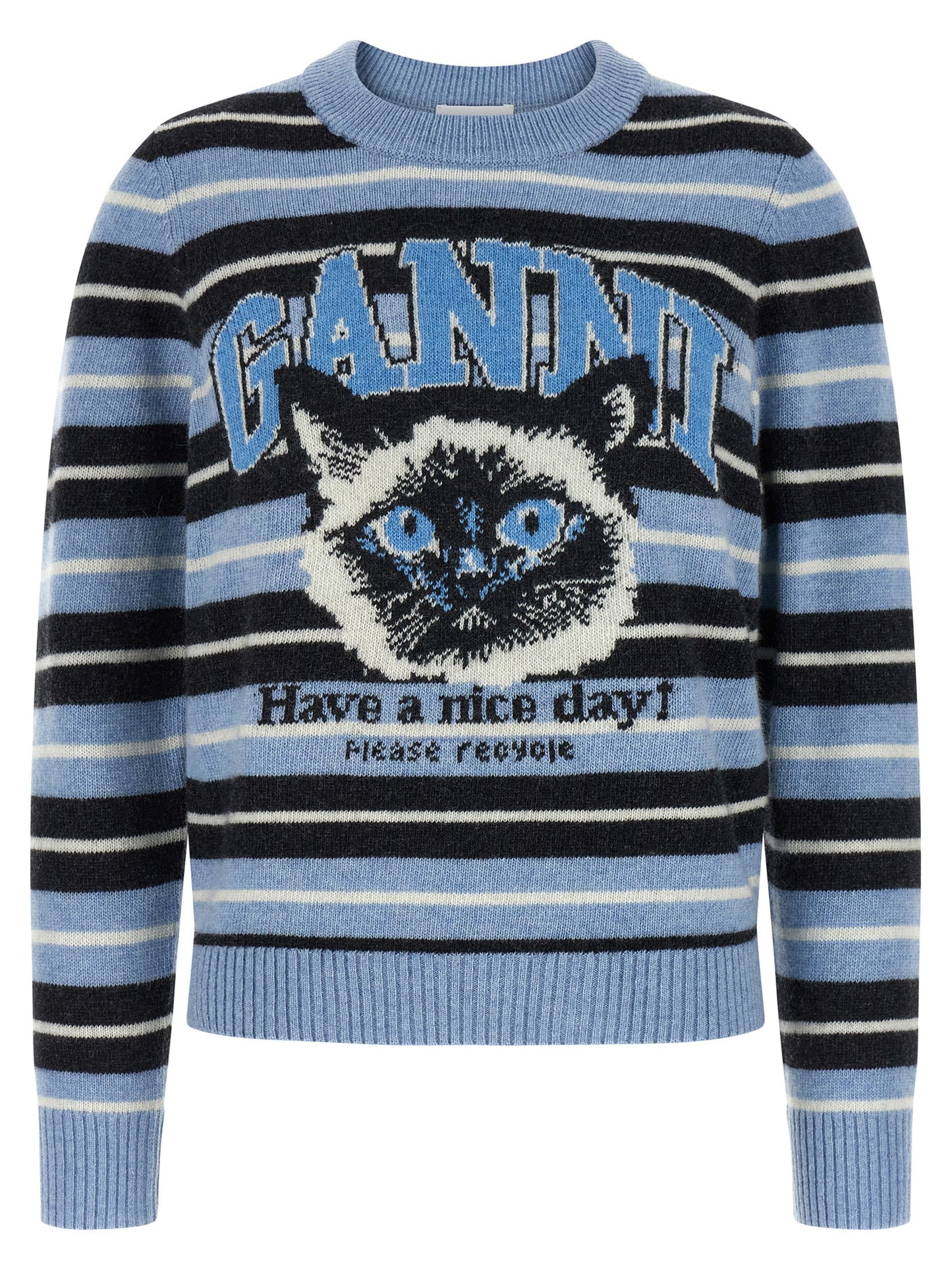 Cardigan by Ganni for women in polyamide wool light-blue, jacquard & striped showcases a captivating silhouette, artfully detailed with a captivating and crew neckline for a truly sophisticated captivating look.