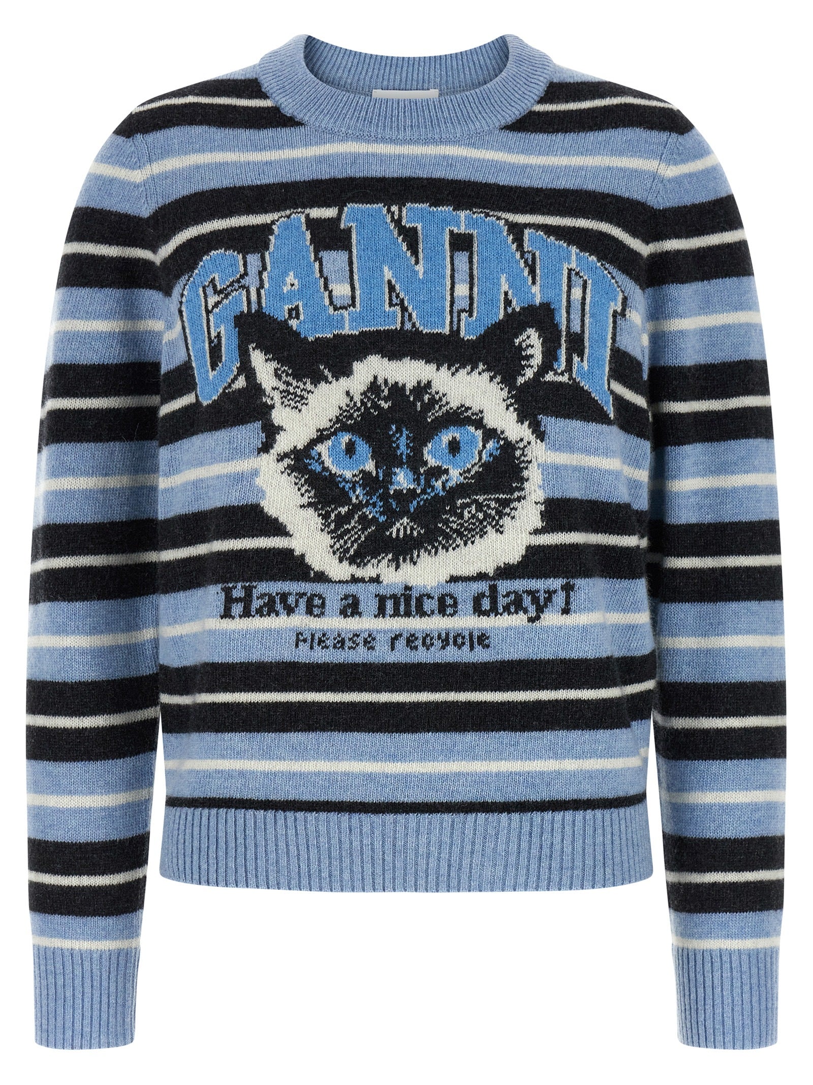 Cardigan by Ganni for women in polyamide wool light-blue, jacquard & striped showcases a captivating silhouette, artfully detailed with a captivating and crew neckline for a truly sophisticated captivating look.