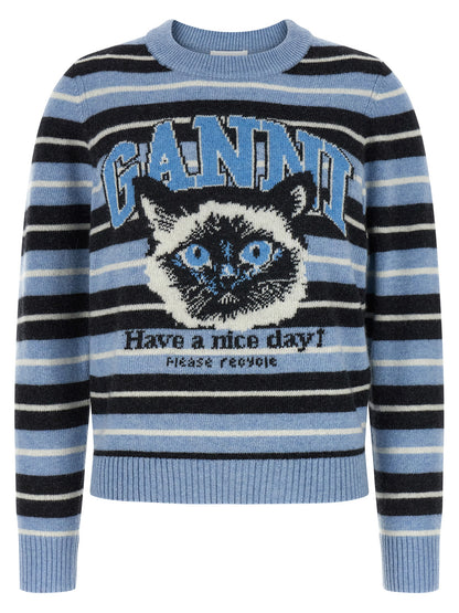 Cardigan by Ganni for women in polyamide wool light-blue, jacquard & striped showcases a captivating silhouette, artfully detailed with a captivating and crew neckline for a truly sophisticated captivating look.