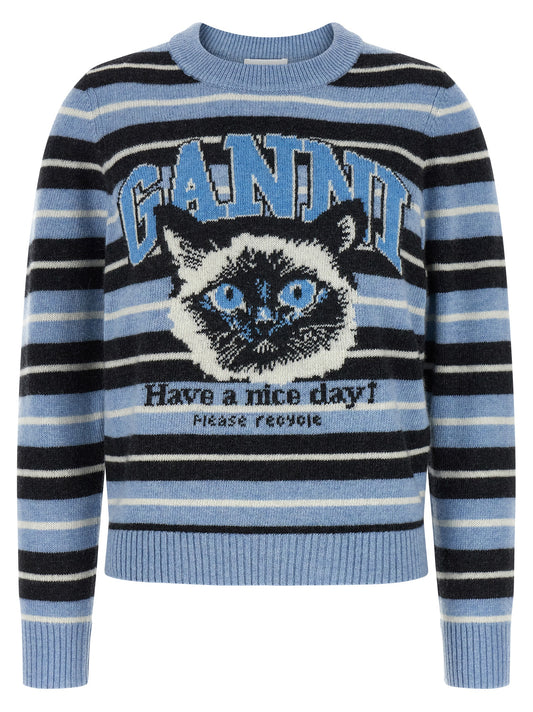 Cardigan by Ganni for women in polyamide wool light-blue, jacquard & striped showcases a captivating silhouette, artfully detailed with a captivating and crew neckline for a truly sophisticated captivating look.