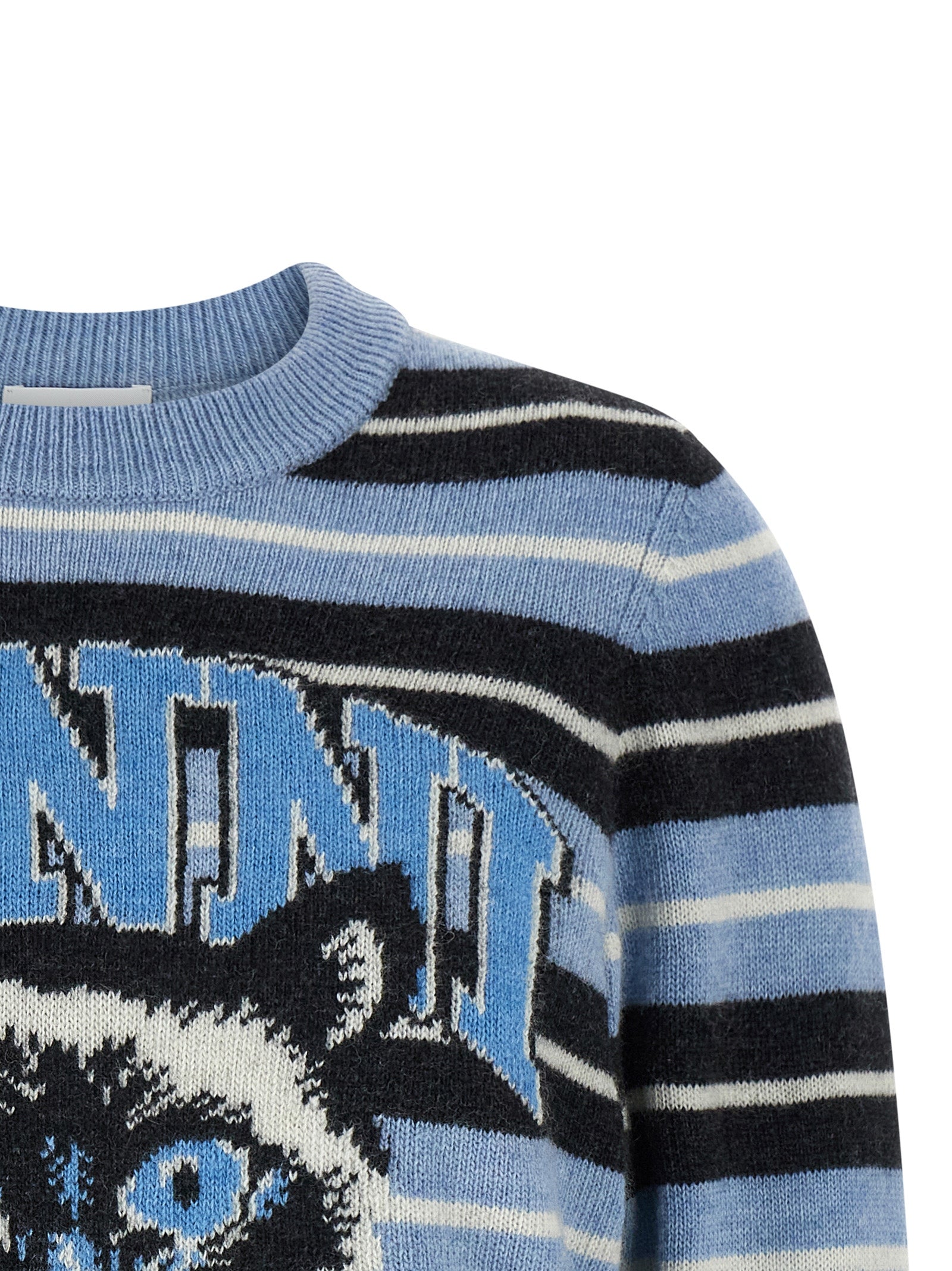 Cardigan by Ganni for women in polyamide wool light-blue, jacquard & striped features a dramatic silhouette, showcasing a sophisticated crew neckline and dramatic detail for a timeless, premium look.