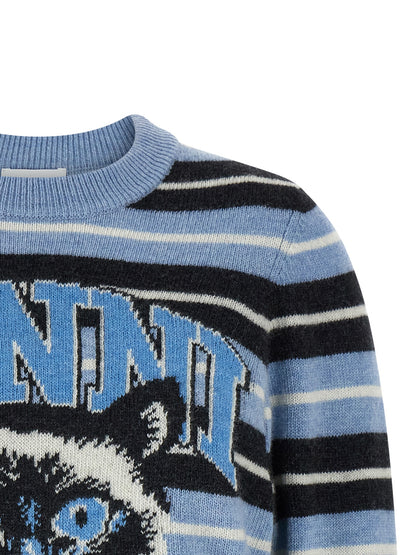 Cardigan by Ganni for women in polyamide wool light-blue, jacquard & striped features a dramatic silhouette, showcasing a sophisticated crew neckline and dramatic detail for a timeless, premium look.