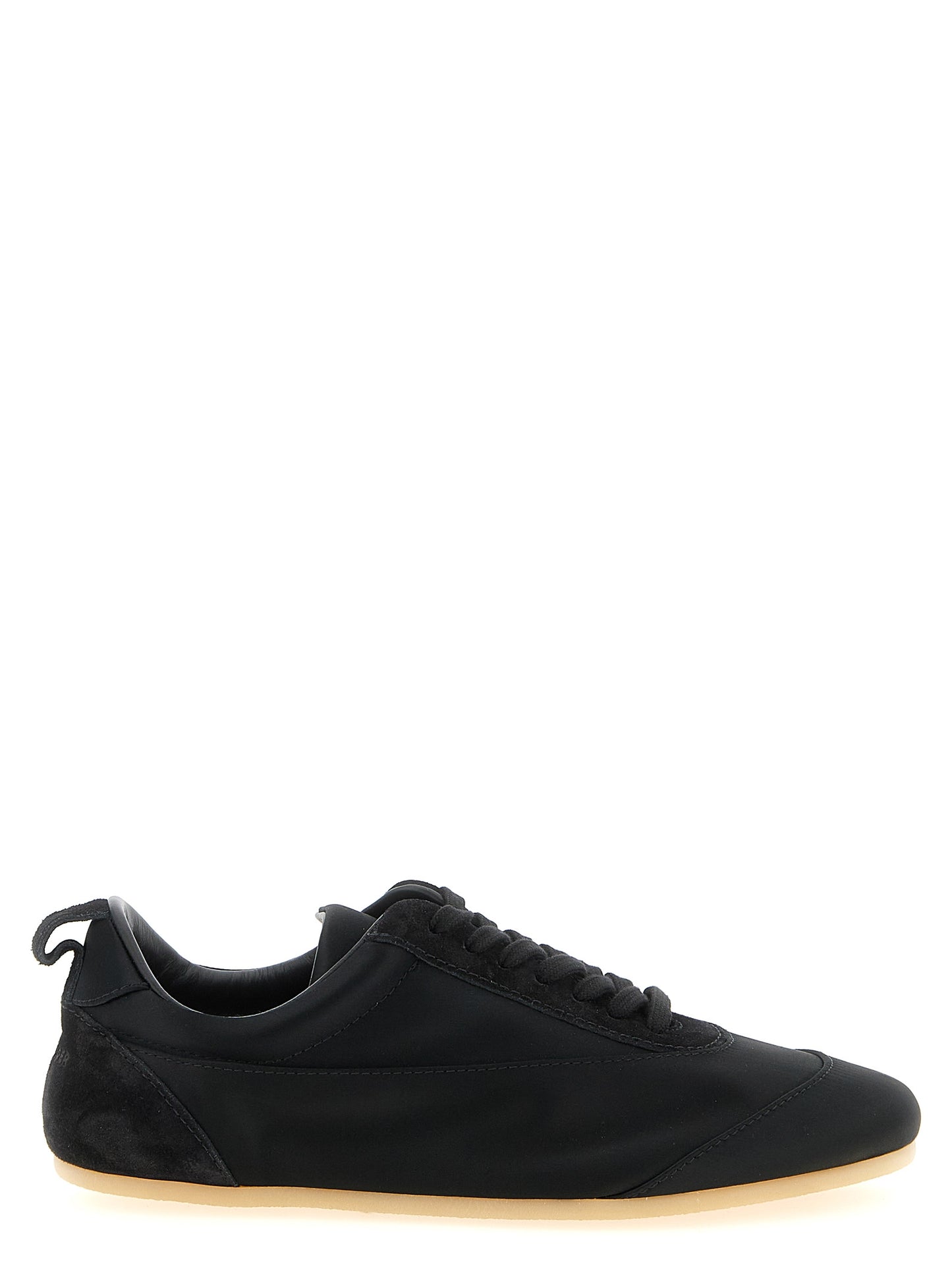 Sneakers by Jil Sander for women in cotton satin polyamide suede leather black features a chic design, perfectly showcasing the chic low-top style of this Women's Low Top Cotton Satin Polyamide Suede Leather Sneakers.